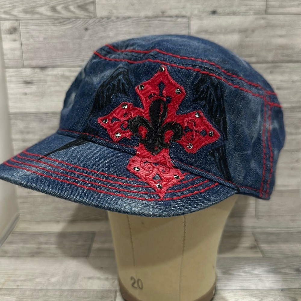 Blue denim cross embellished distress red stitch baseball cap hat